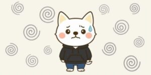 不安そうな表情で汗をかく白い犬キャラクター。昔の自分の悩みを表現したイラスト。